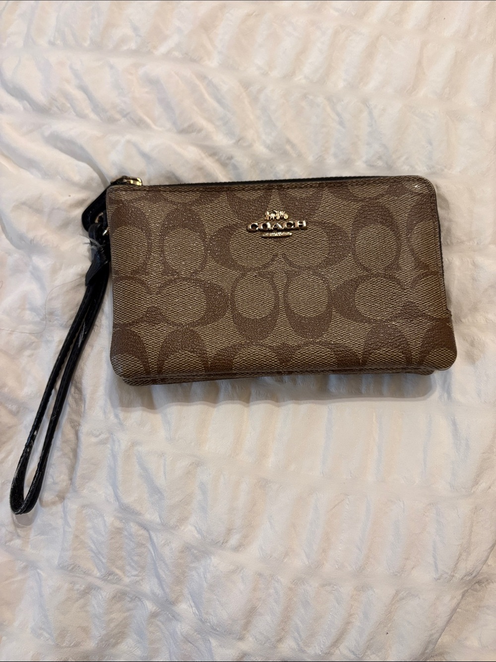 Coach Brown Signature Canvas Wristlet with Black Strap